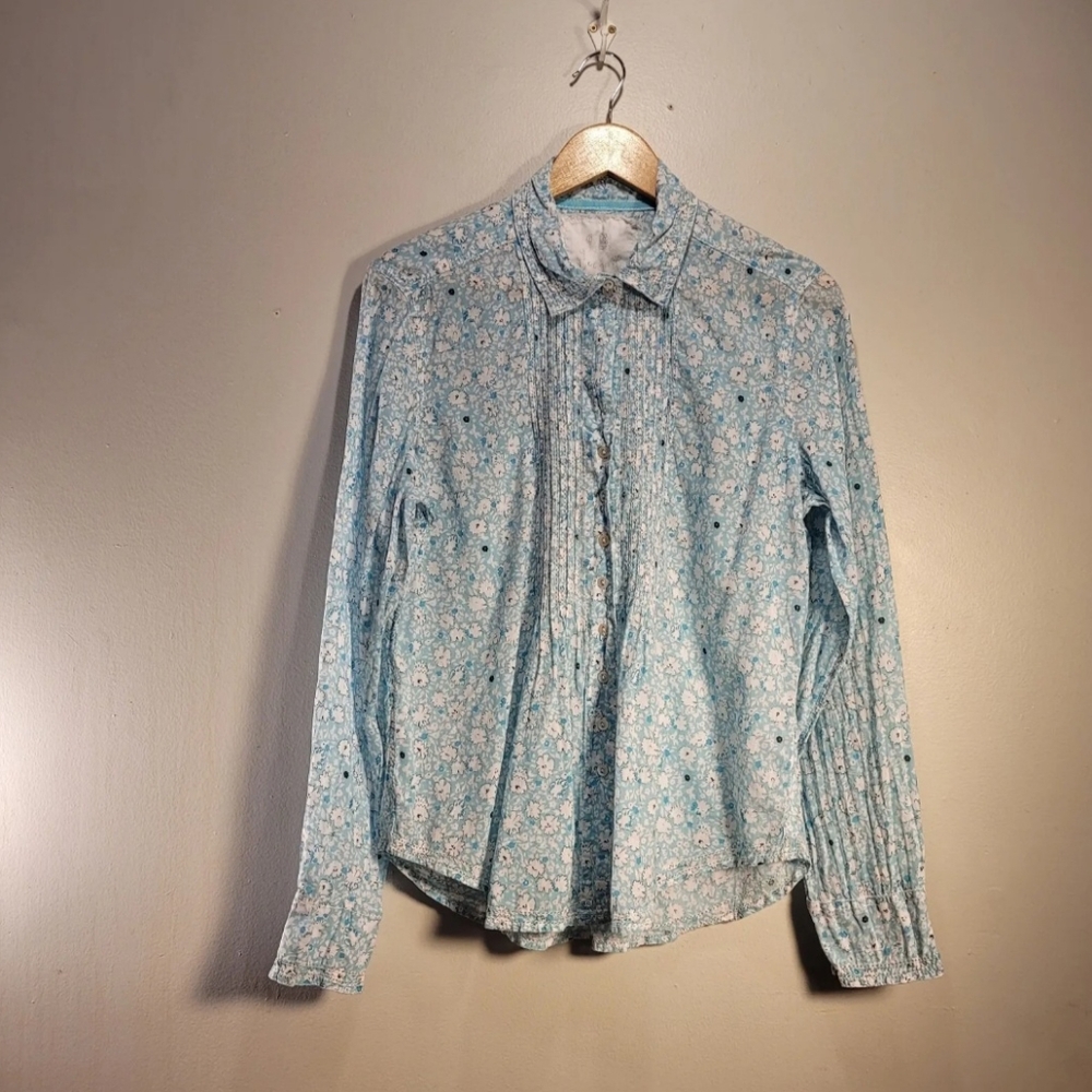 Cinco Madrid Coastal Blue Flower Eyelet Blouse M - Turq MOP Buttons Boho